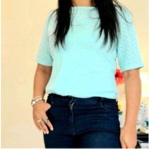 Vintage Women Talbots Top - Sky Blue with Lace - Size L